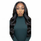Side-by-side comparison of a woman with long, wavy black hair styled differently.