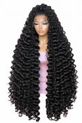 Collage of a wig with curly hair on a pink background