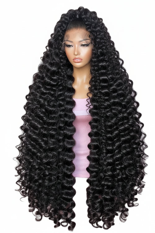Collage of a wig with curly hair on a pink background