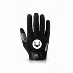 Black and gray gloves with a visible brand logo on a white background