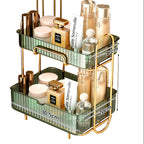 Cosmetic organizer with skincare products on a marble surface