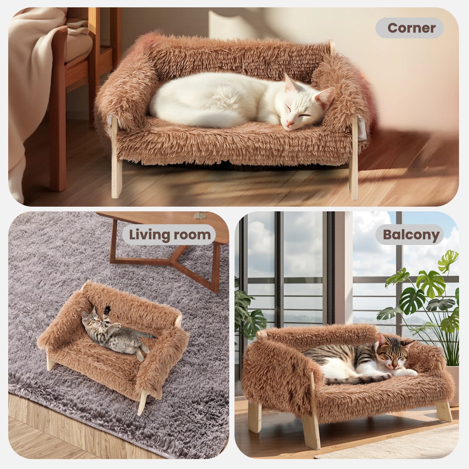 Large Soft Plush Raised Wooden Leg Cat Sofa Bed