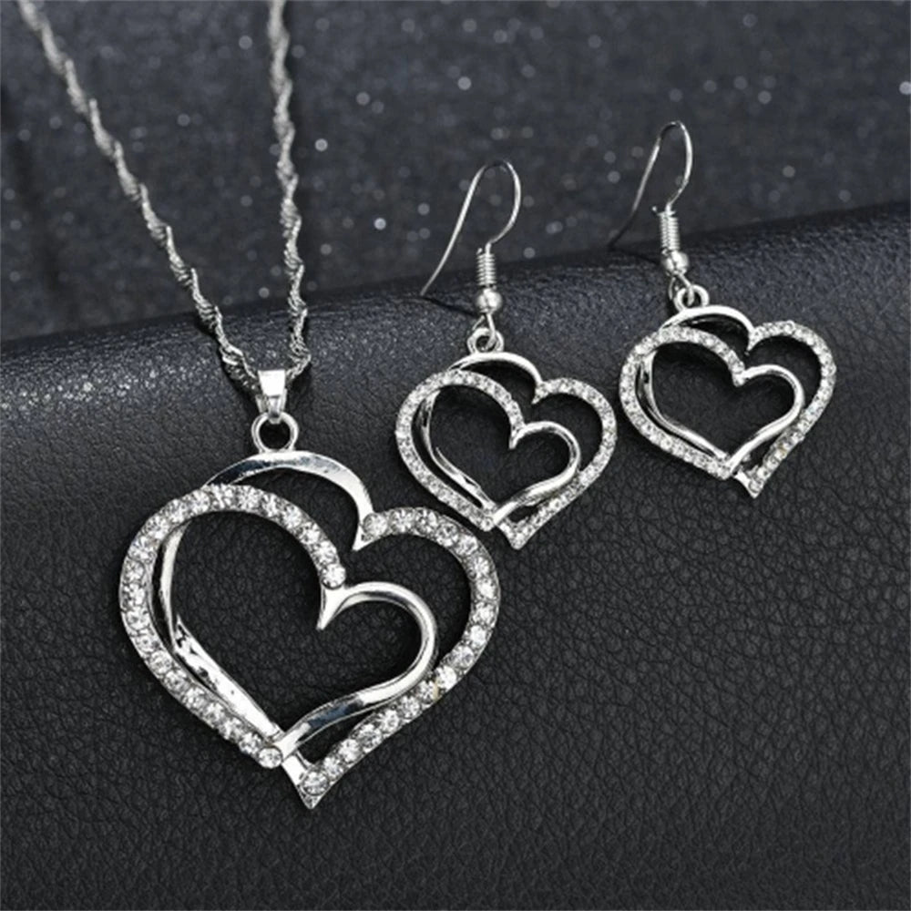 Women's Fashion Elegant Double Heart Necklace Earrings Bracelet Jewelry Set