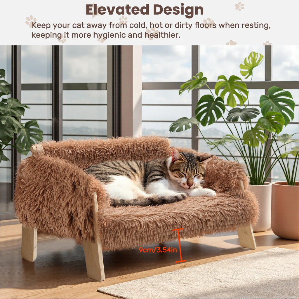 Large Soft Plush Raised Wooden Leg Cat Sofa Bed