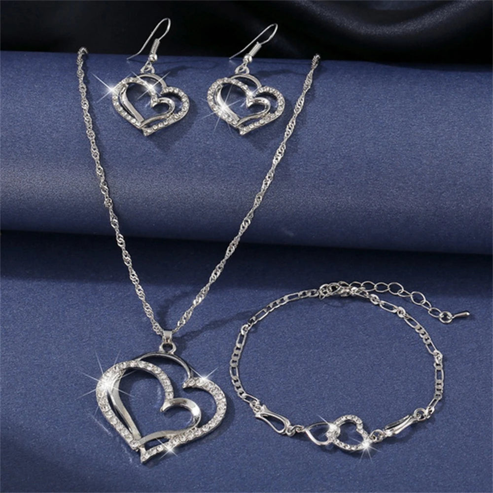 Women's Fashion Elegant Double Heart Necklace Earrings Bracelet Jewelry Set