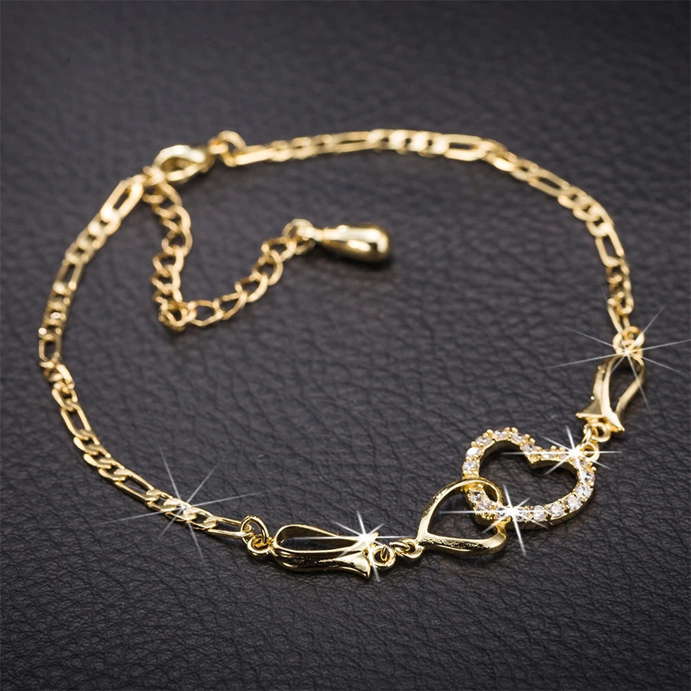 Women's Fashion Elegant Double Heart Necklace Earrings Bracelet Jewelry Set