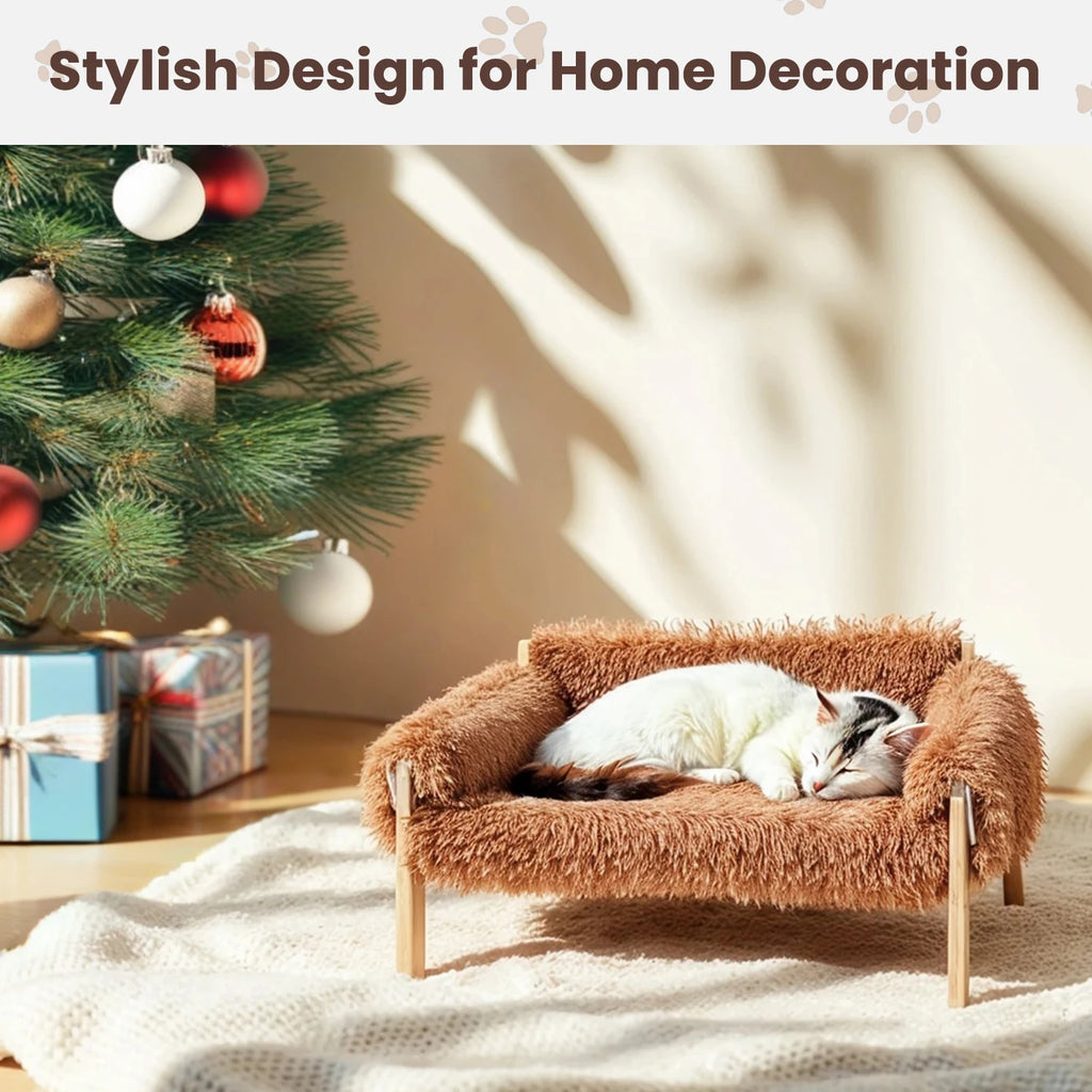 Large Soft Plush Raised Wooden Leg Cat Sofa Bed