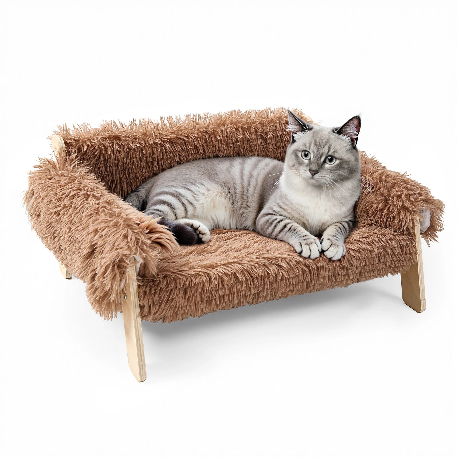Large Soft Plush Raised Wooden Leg Cat Sofa Bed