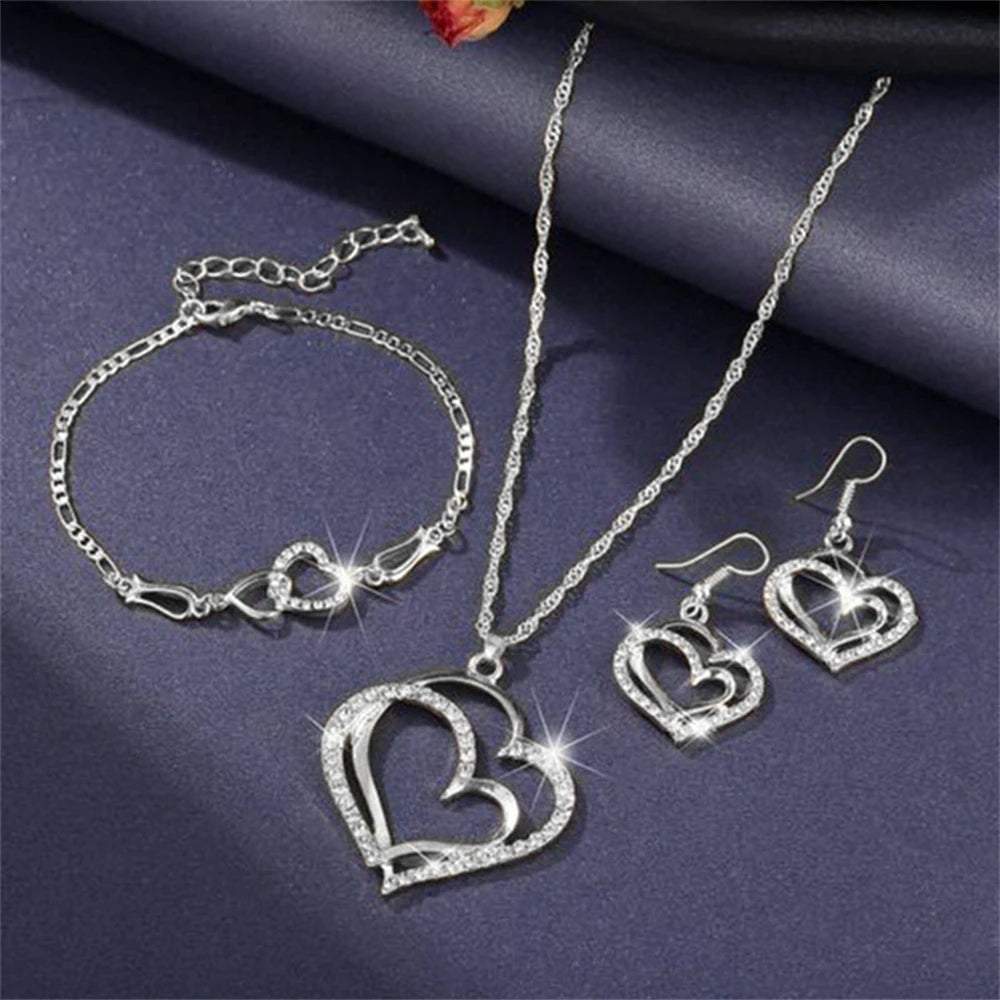 Women's Fashion Elegant Double Heart Necklace Earrings Bracelet Jewelry Set