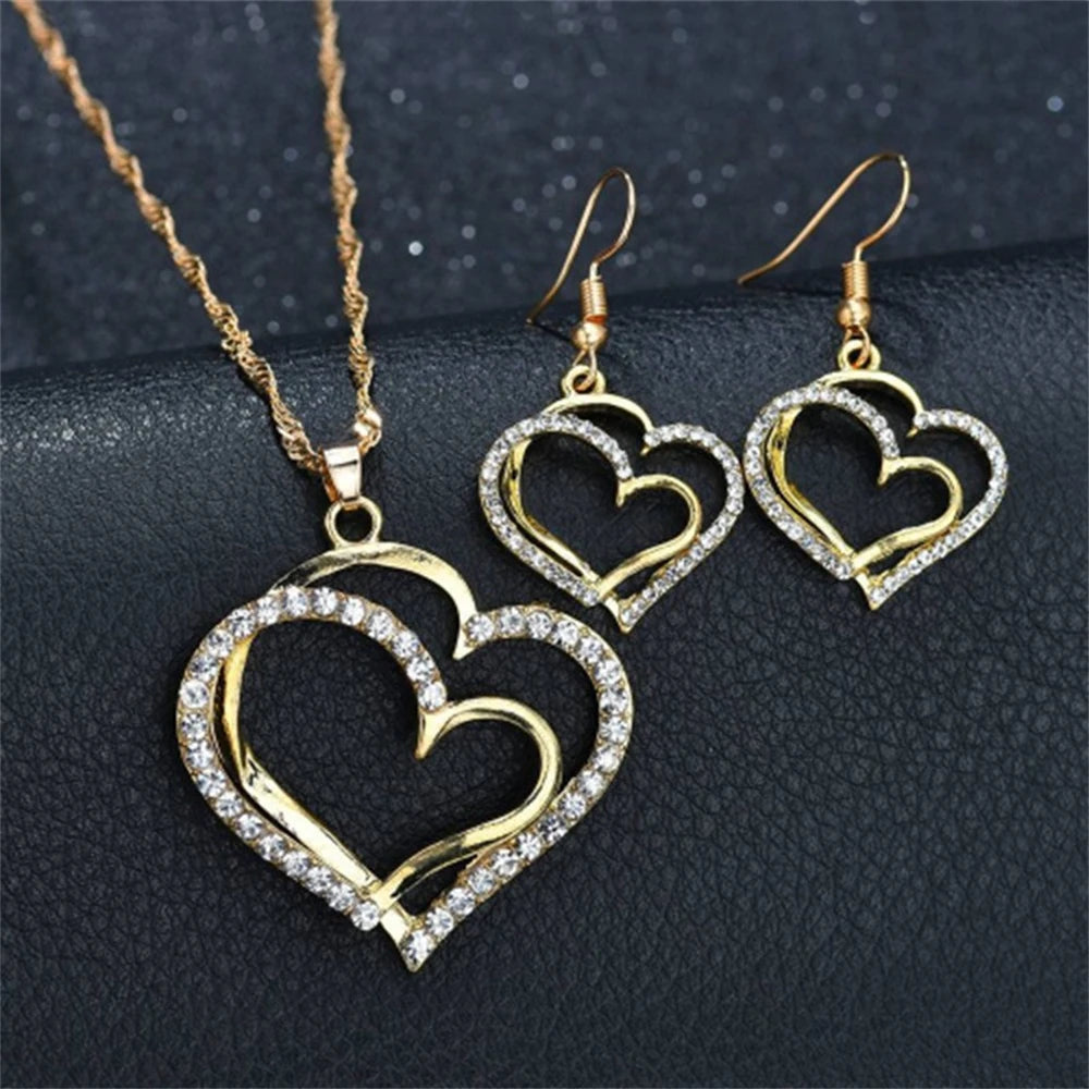 Women's Fashion Elegant Double Heart Necklace Earrings Bracelet Jewelry Set