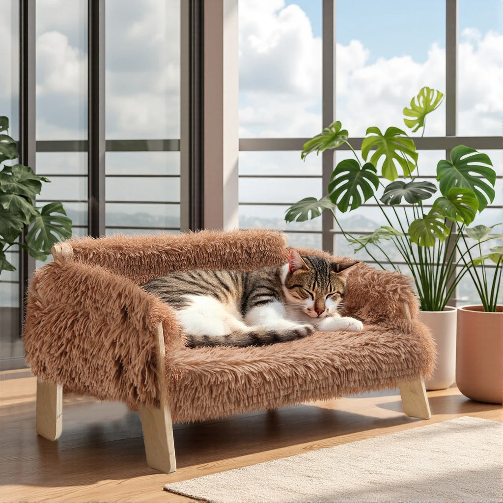Large Soft Plush Raised Wooden Leg Cat Sofa Bed