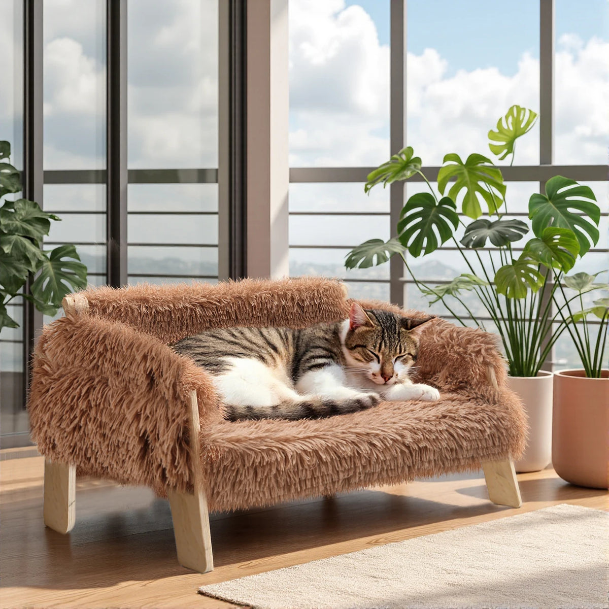 Large Soft Plush Raised Wooden Leg Cat Sofa Bed