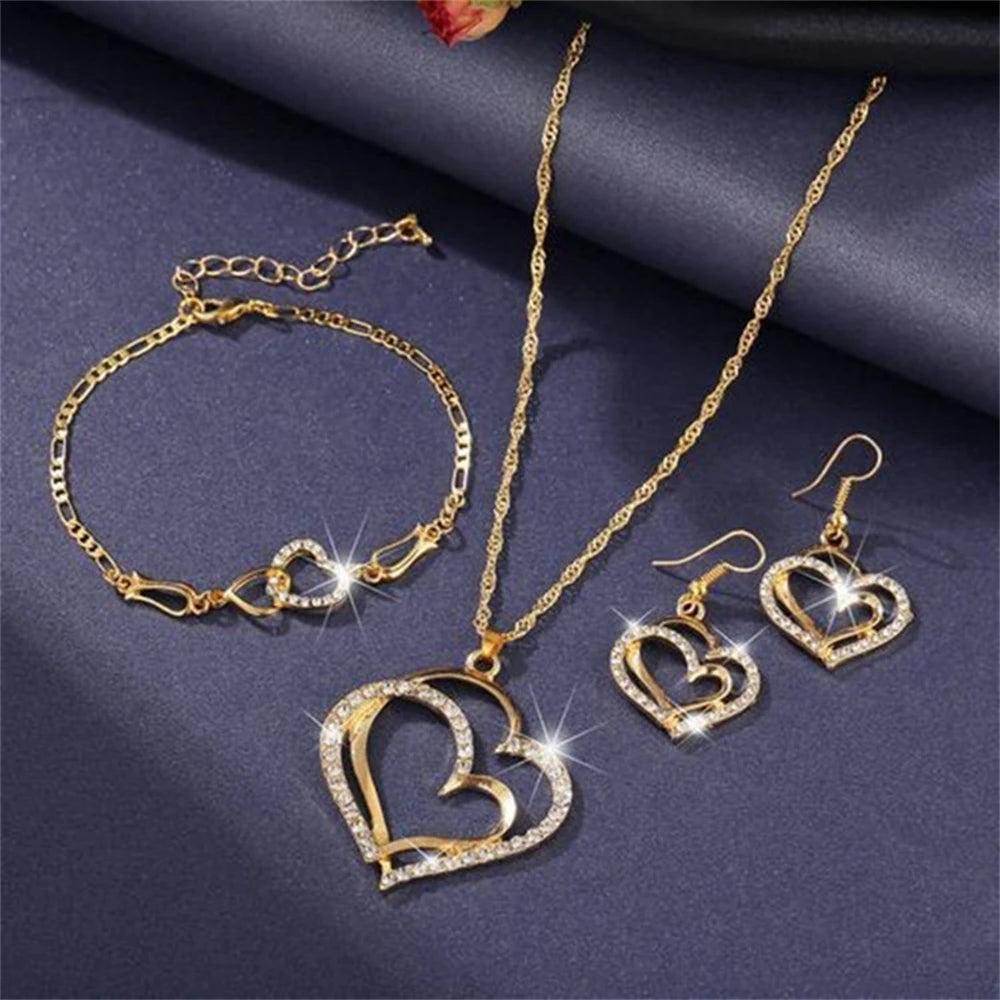 Women's Fashion Elegant Double Heart Necklace Earrings Bracelet Jewelry Set