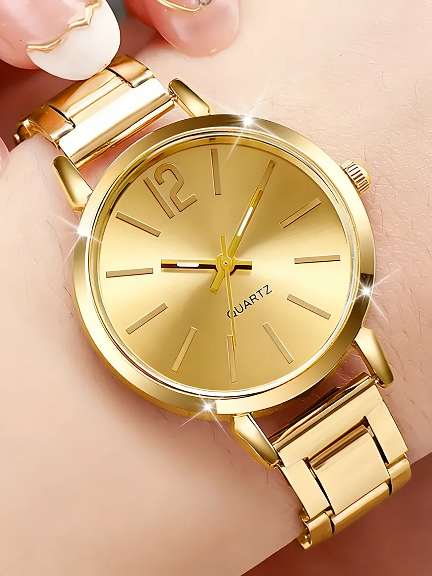 Ladies Quartz Watch and Jewelry Set Flower Design Gold
