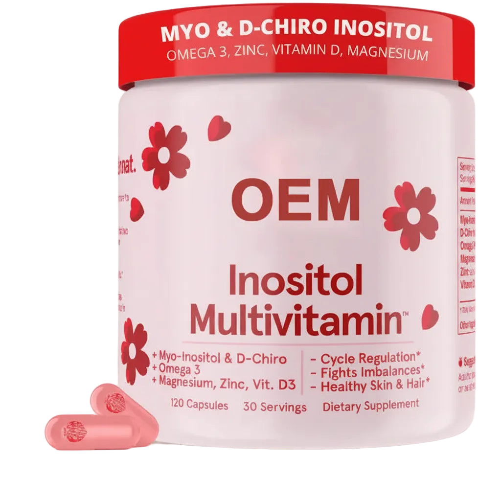 OEM Inositol Multivitamin container with red lid and white body, featuring text and graphics.