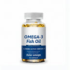 Omega-3 Fish Oil bottle with fish and oil splashes on a white background