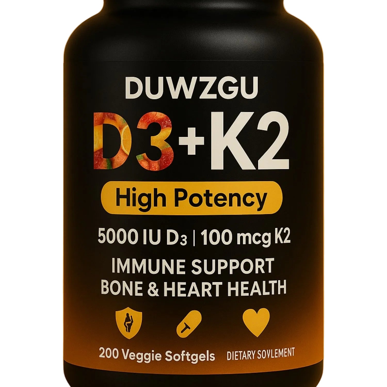 D3+K2 supplement bottle on a brown background