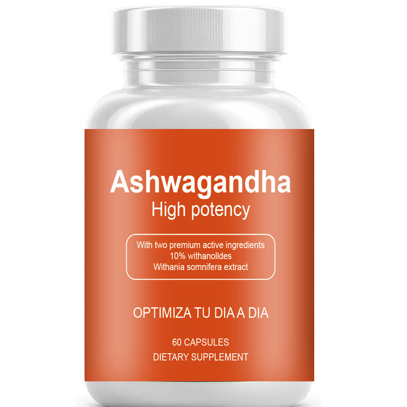Supplement bottle labeled 'Ashwagandha High potency' with an orange label on a white background.