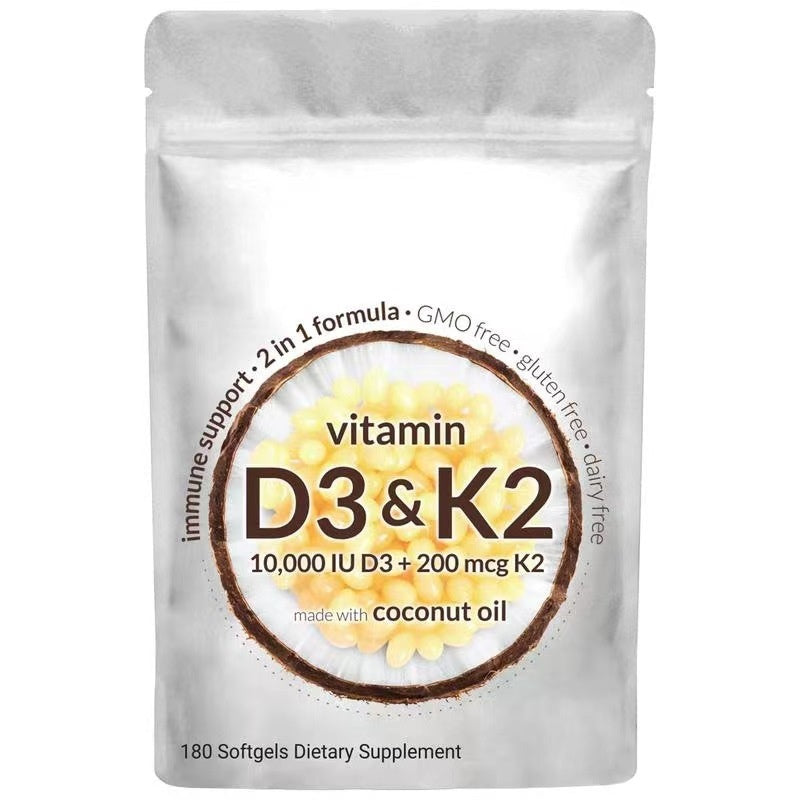 Supplement package with vitamin D3 and K2 on a white background