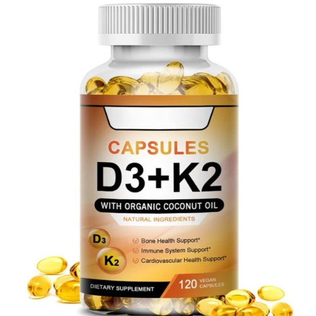 Supplement bottle labeled 'D3+K2' with capsules on a white background