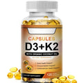 Supplement bottle labeled 'D3+K2' with capsules on a white background