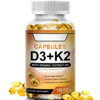 Supplement bottle labeled 'D3+K2' with capsules on a white background
