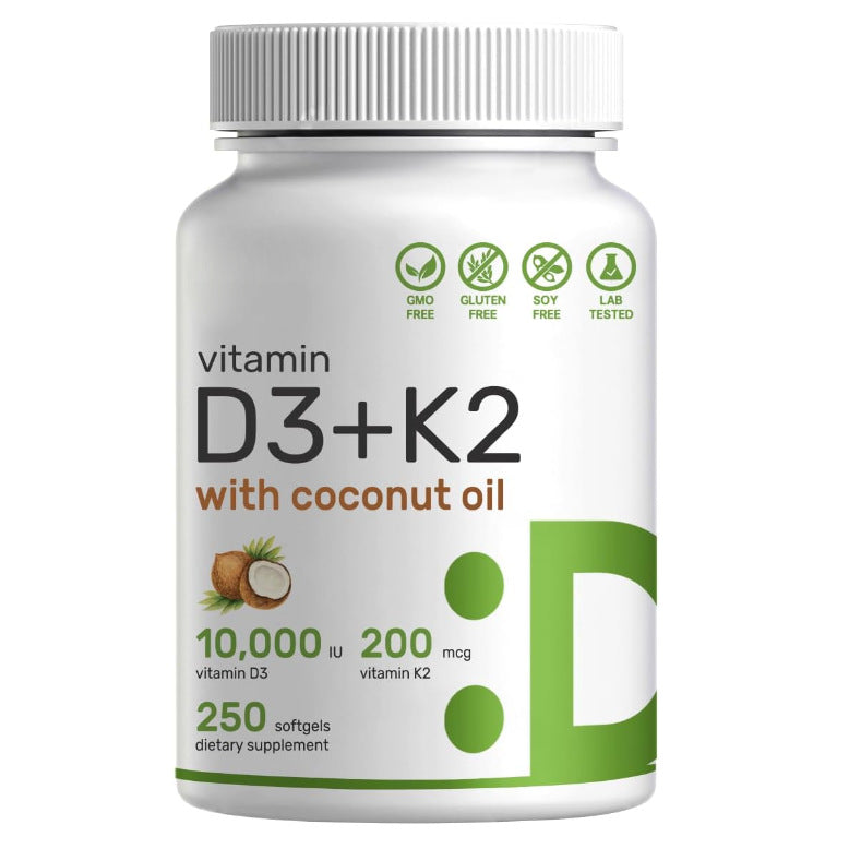 Supplement bottle labeled 'vitamin D3+K2 with coconut oil' on a white background