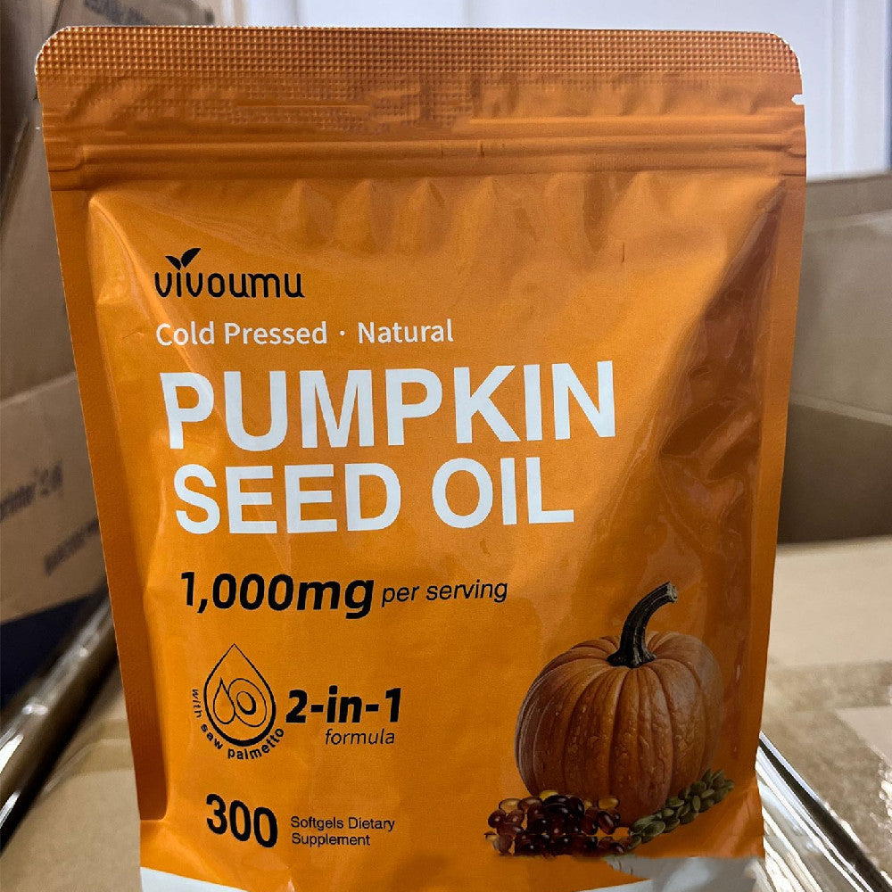 Vivoumu pumpkin seed oil package on a kitchen counter