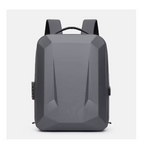A dark gray geometric backpack with a textured finish, shown from the front against a light gray background.