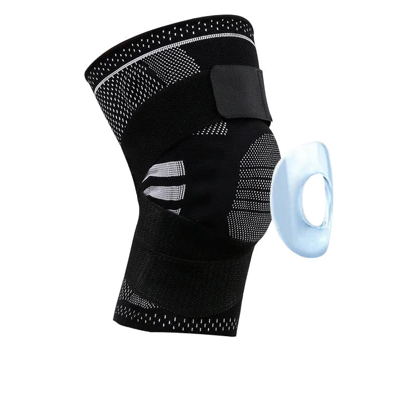 Black knee brace with a small blue device on a gray background