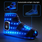 Blue LED foot care device with customizable red and blue light on a dark background
