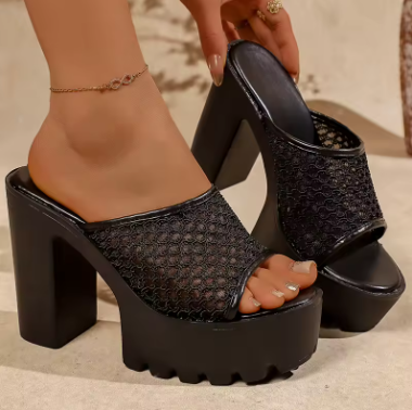 Breathable Mesh Platform Sandals Women's Summer High Heel Mules