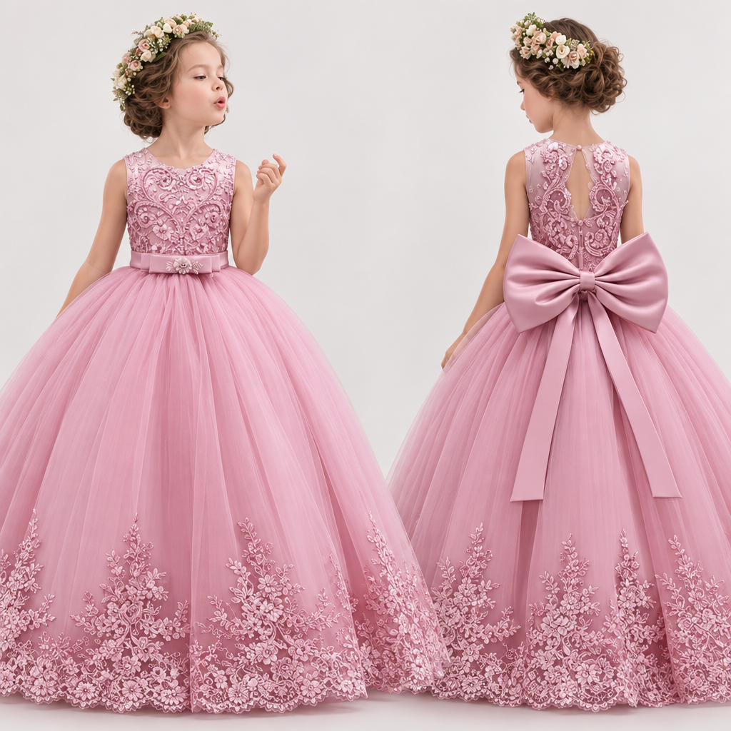Girls Embroidered Lace Bow Princess Ball Gown Evening Dress