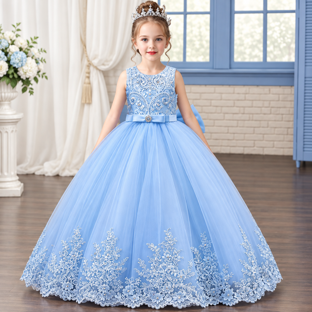 Girls Embroidered Lace Bow Princess Ball Gown Evening Dress
