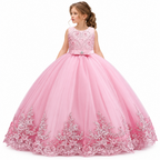 Girls Embroidered Lace Bow Princess Ball Gown Evening Dress