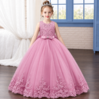Girls Embroidered Lace Bow Princess Ball Gown Evening Dress