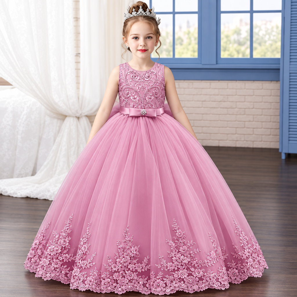 Girls Embroidered Lace Bow Princess Ball Gown Evening Dress