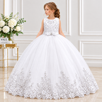 Girls Embroidered Lace Bow Princess Ball Gown Evening Dress
