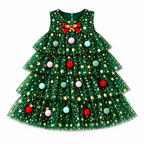 Christmas Star Pattern Sleeveless Tiered Green Tulle Dress for Toddler Girls