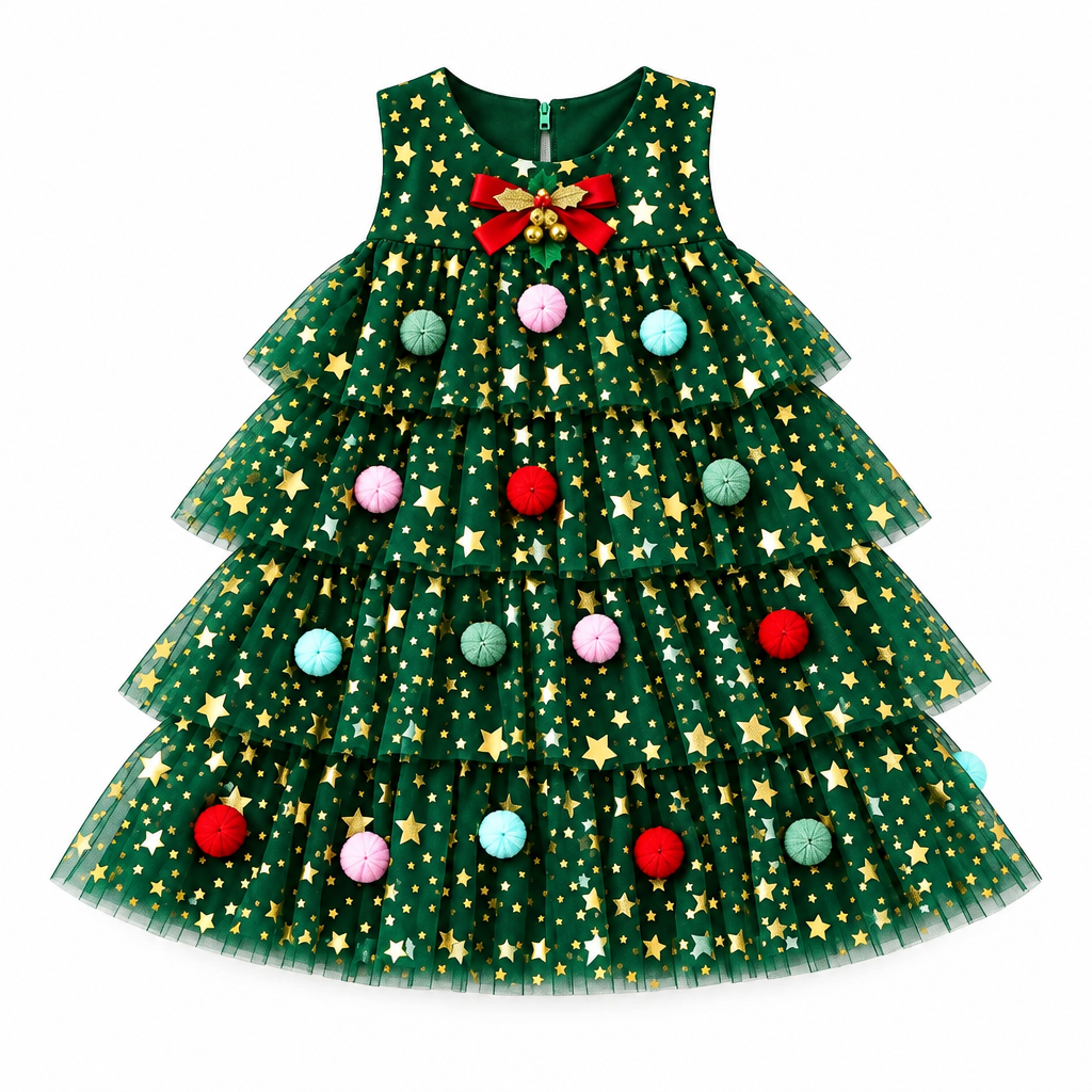 Christmas Star Pattern Sleeveless Tiered Green Tulle Dress for Toddler Girls