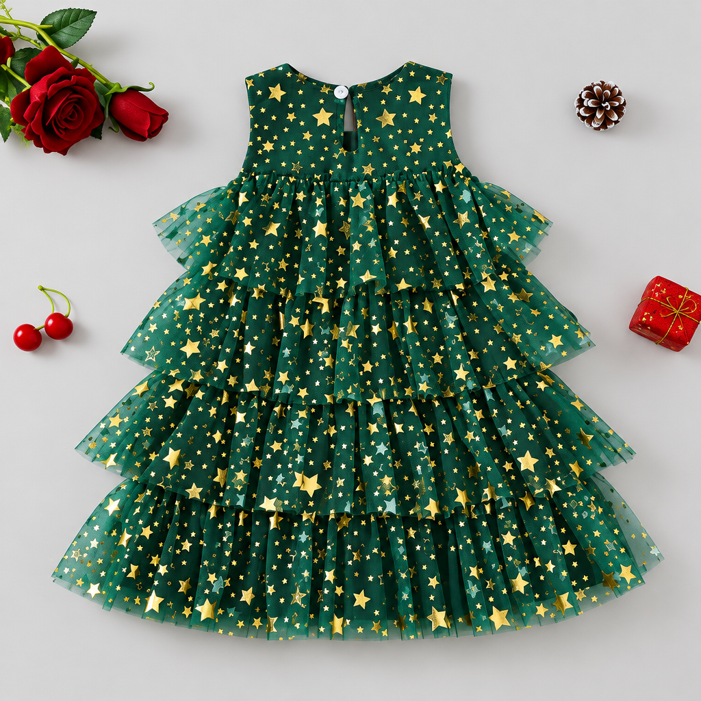 Front view of Green Tulle Toddler Holiday Dress with Gold Stars and Colorful Pom-Poms