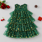 Front view of Green Tulle Toddler Holiday Dress with Gold Stars and Colorful Pom-Poms