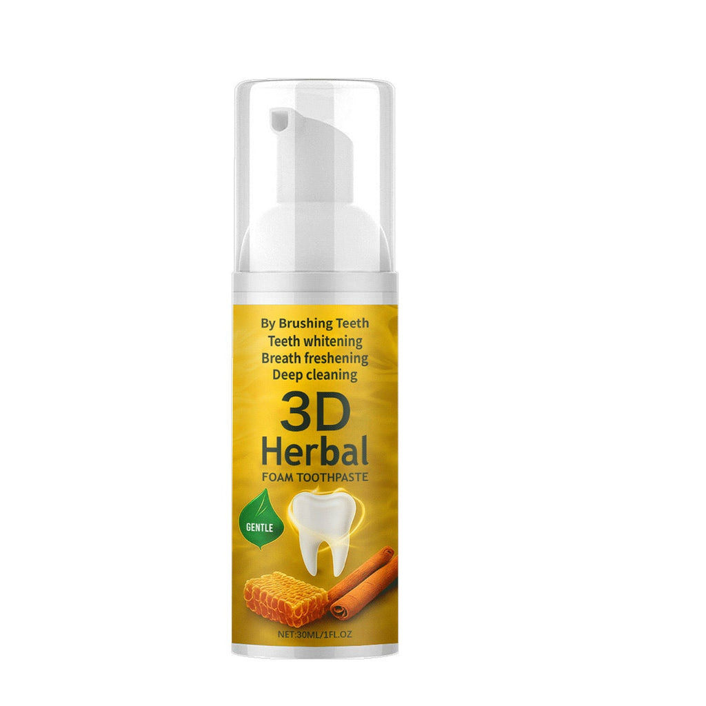 A bottle of 3D Herbal Foam Toothpaste on a plain white background. The bottle has a clear cap and a yellow label with black text and illustrations of a tooth, honeycomb, and cinnamon.