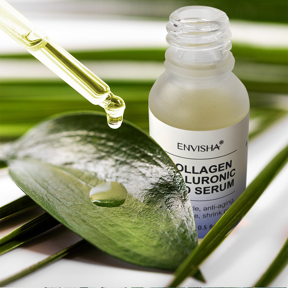 Collagen hyaluronic acid serum bottle with dropper on a leaf, featuring Envisha brand.