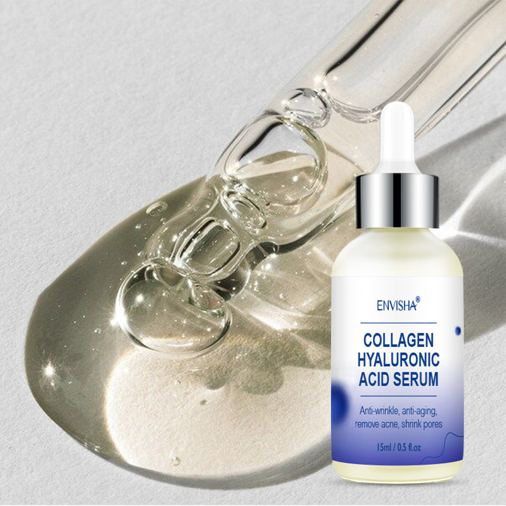 Collagen hyaluronic acid serum bottle with dropper on a reflective surface
