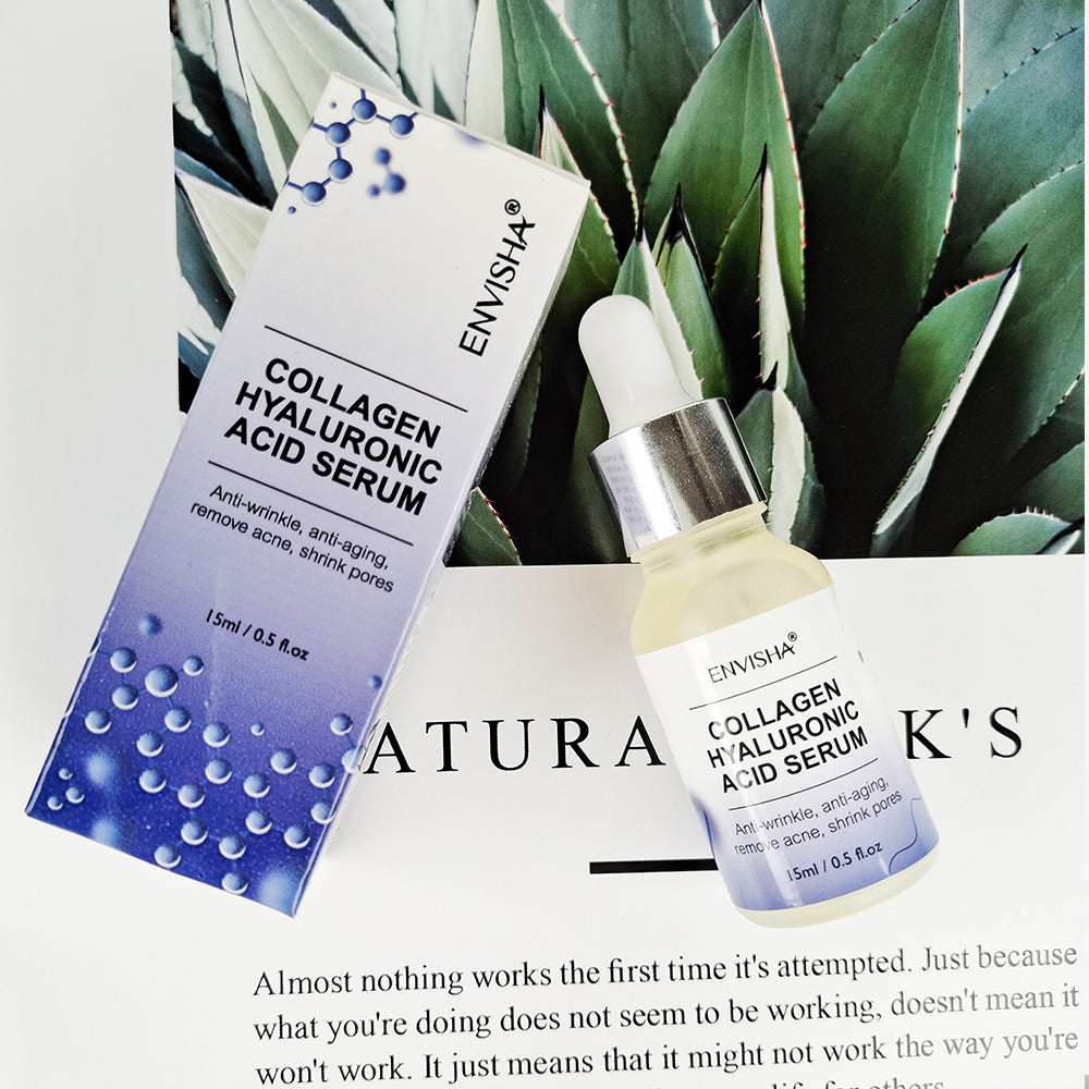 Collagen hyaluronic acid serum packaging and bottle on a magazine background