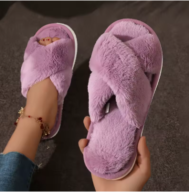 Women's Open-Toe Cross Strap Fluffy Fur Slippers Lightweight Flat Slides
