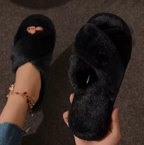 Women's Open-Toe Cross Strap Fluffy Fur Slippers Lightweight Flat Slides