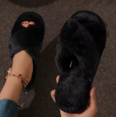 Women's Open-Toe Cross Strap Fluffy Fur Slippers Lightweight Flat Slides