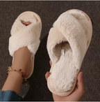 Women's Open-Toe Cross Strap Fluffy Fur Slippers Lightweight Flat Slides